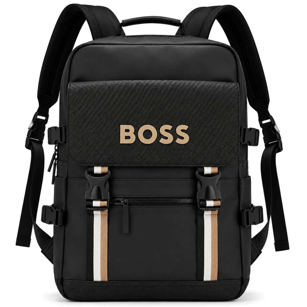 حقيبة ظهر تقنية للرجال من BOSS باللون الأسود المطفأ ومزينة بخطوط ثلاثية الألوان
