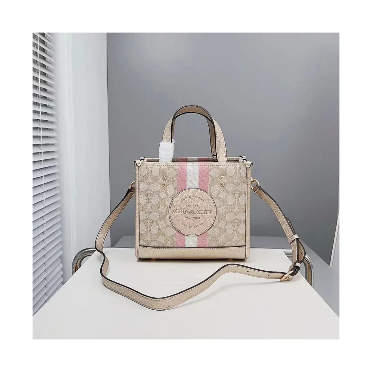 حقيبة كتف نسائية صغيرة (Mini Tote) من COACH – لون كاكي فاتح ولمسة معدنية ناعمة (موديل cg096 imv6d)