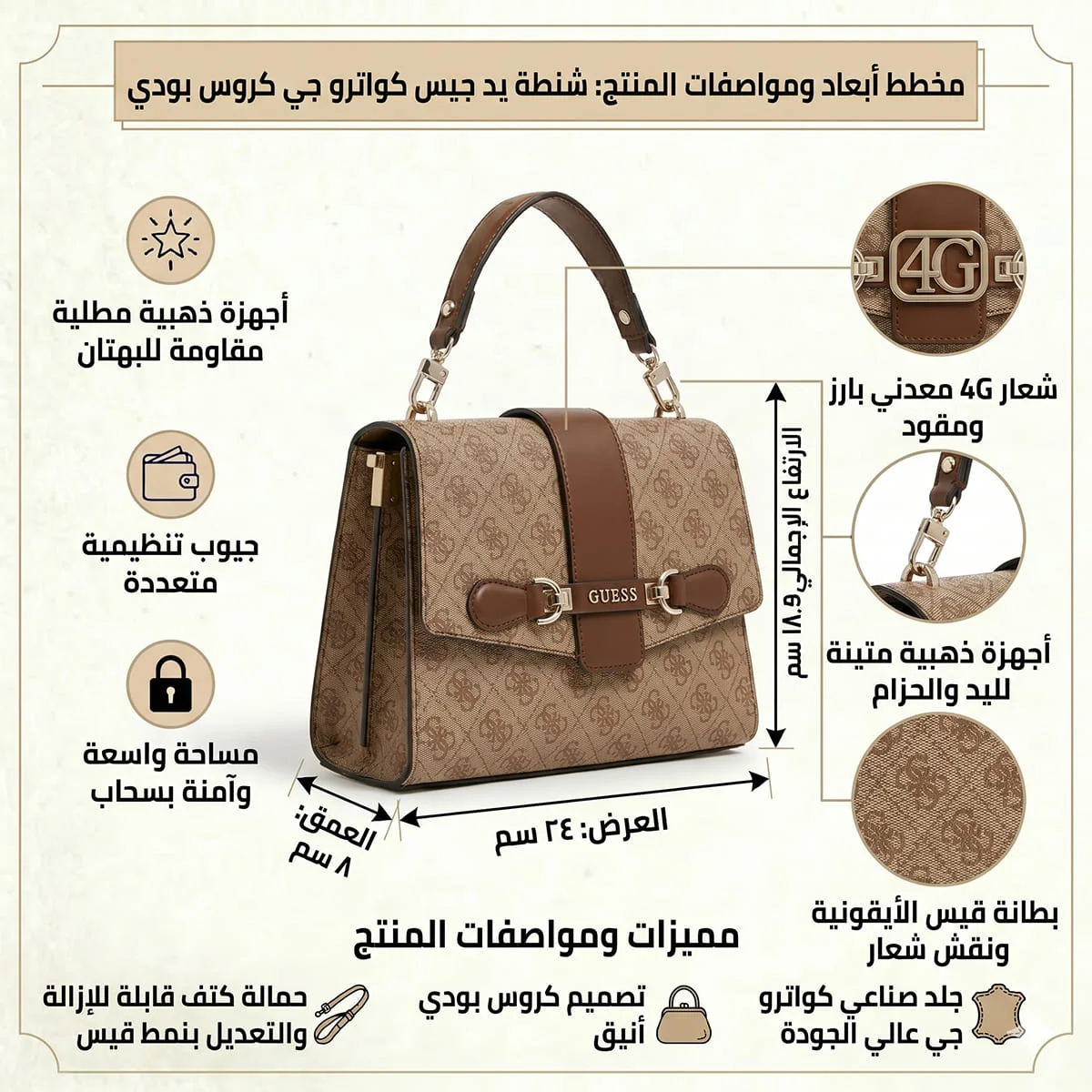 حقيبة يد نسائية من Guess - ألوان بني وبيج وبني فاتح (موديل Hwsg9500200 Lgw)