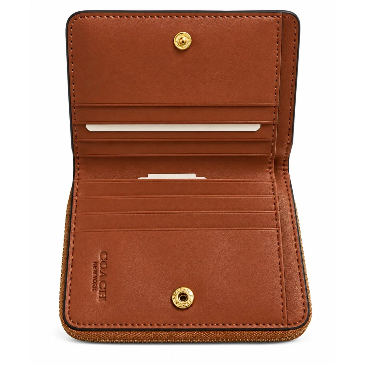 محفظة Coach صغيرة بسحاب محيط – جلد بني وقماش بنقشة العلامة التجارية (Signature Canvas) CD716 IMQLZ