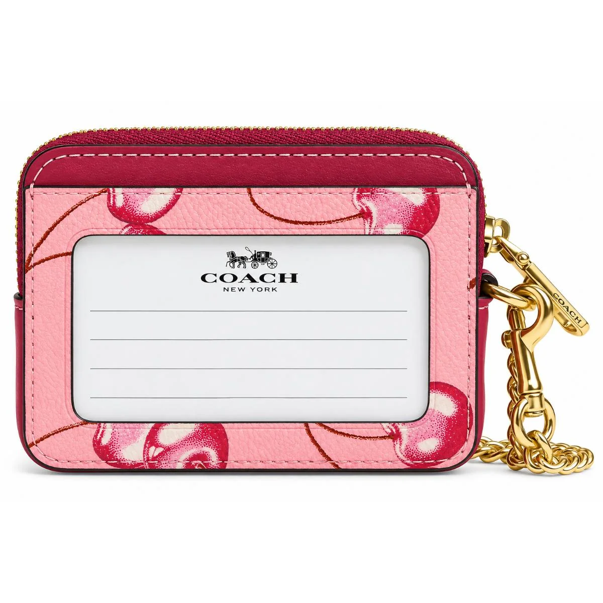 محفظة بطاقات بسحاب للنساء من COACH بنقشة الكرز المميزة (Signature) - اللون الوردي (CR832)