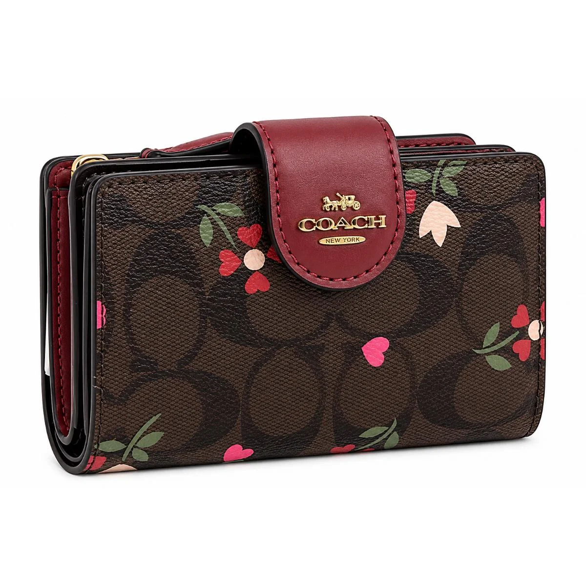 محفظة نسائية من COACH قابلة للطي، طراز Signature Canvas بنقشة قلوب وزهور، موديل C7653، لون عنابي.