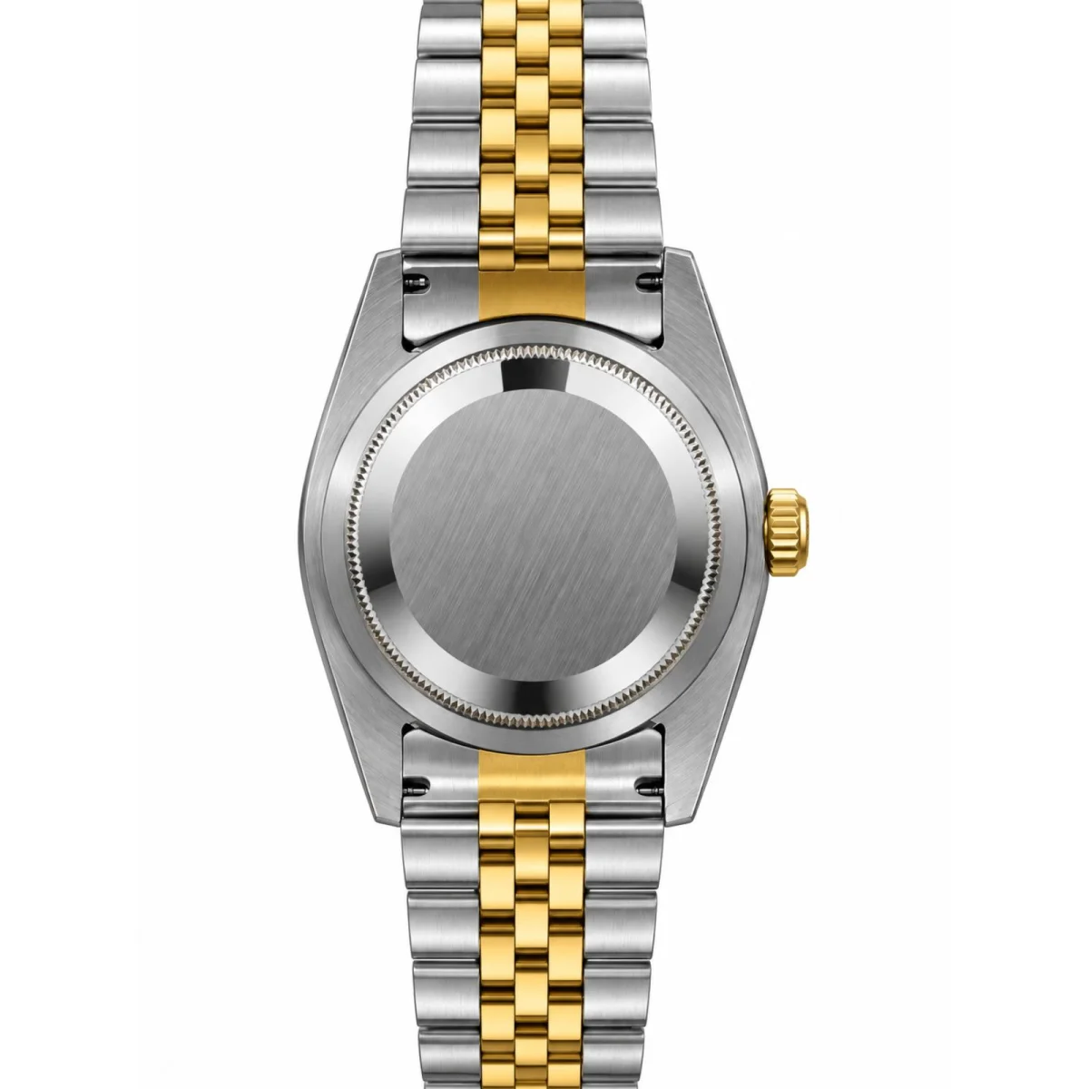 ساعة رولكس ديت جست (Datejust) أوتوماتيكية، ثنائية اللون (ذهب وفولاذ مقاوم للصدأ)، ميناء أبيض، وإطار مخدّد.