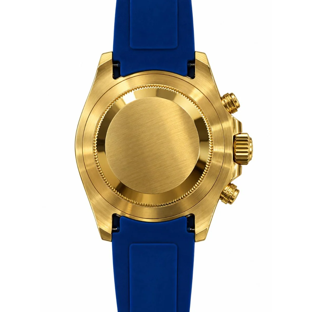ساعة رولكس يخت-ماستر 2 (Yacht-Master II) أوتوماتيكية، ذهبية، بإطار أزرق وميناء أبيض وحزام مطاطي أزرق.