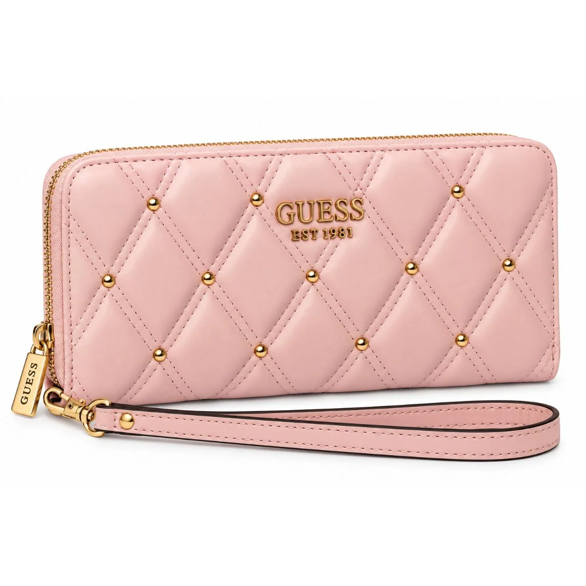 محفظة GUESS (تأسست عام 1981) وردية اللون بتصميم مبطن وسحاب محيطي، مع تفاصيل معدنية بلون ذهبي.