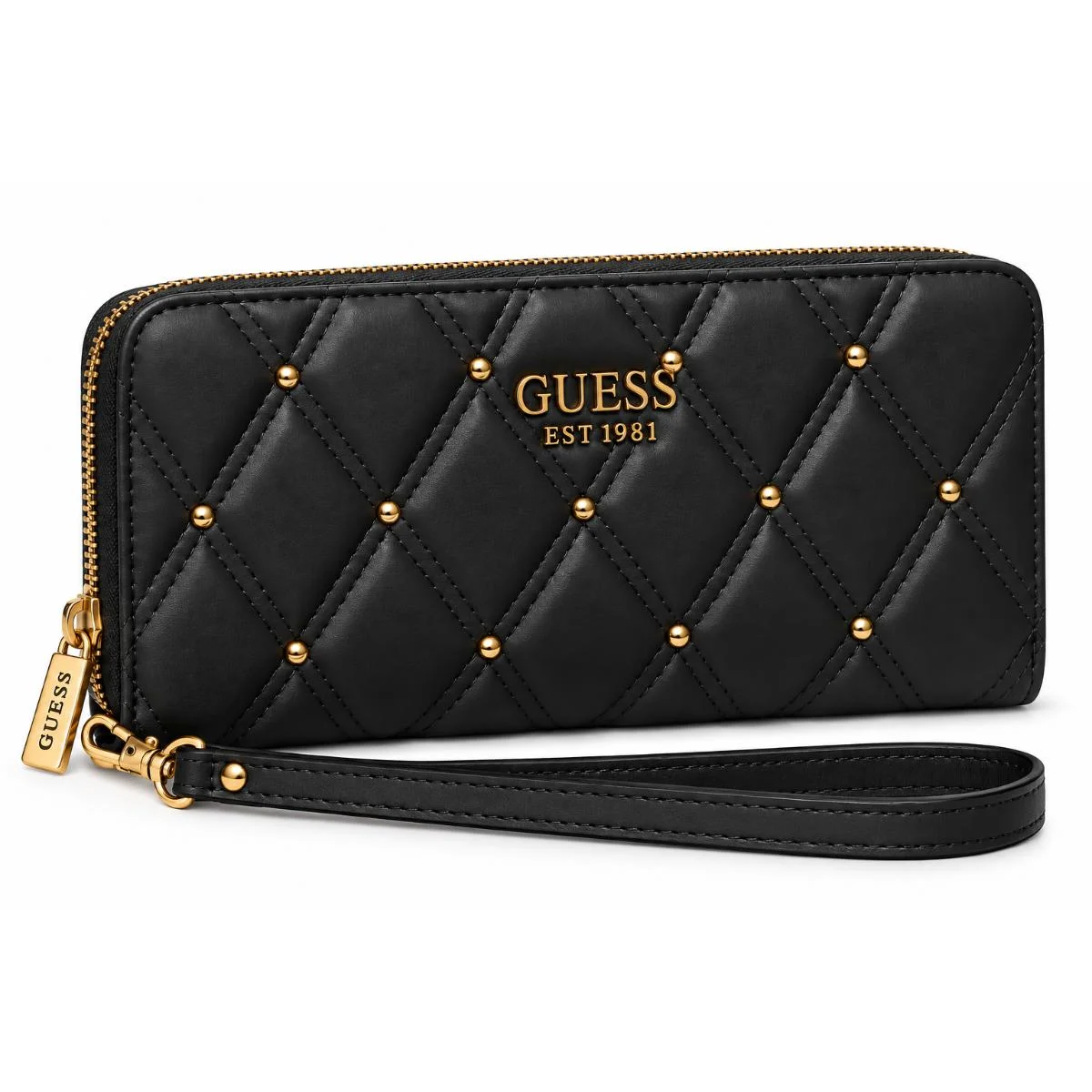 محفظة GUESS سوداء مبطنة بسحاب محيط وتفاصيل مسامير ذهبية