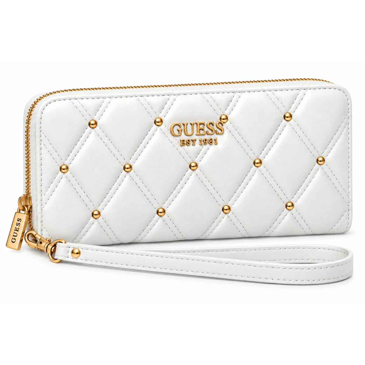 محفظة نسائية من GUESS باللون الأبيض، بتصميم مبطن وسحاب يحيط بها بالكامل.