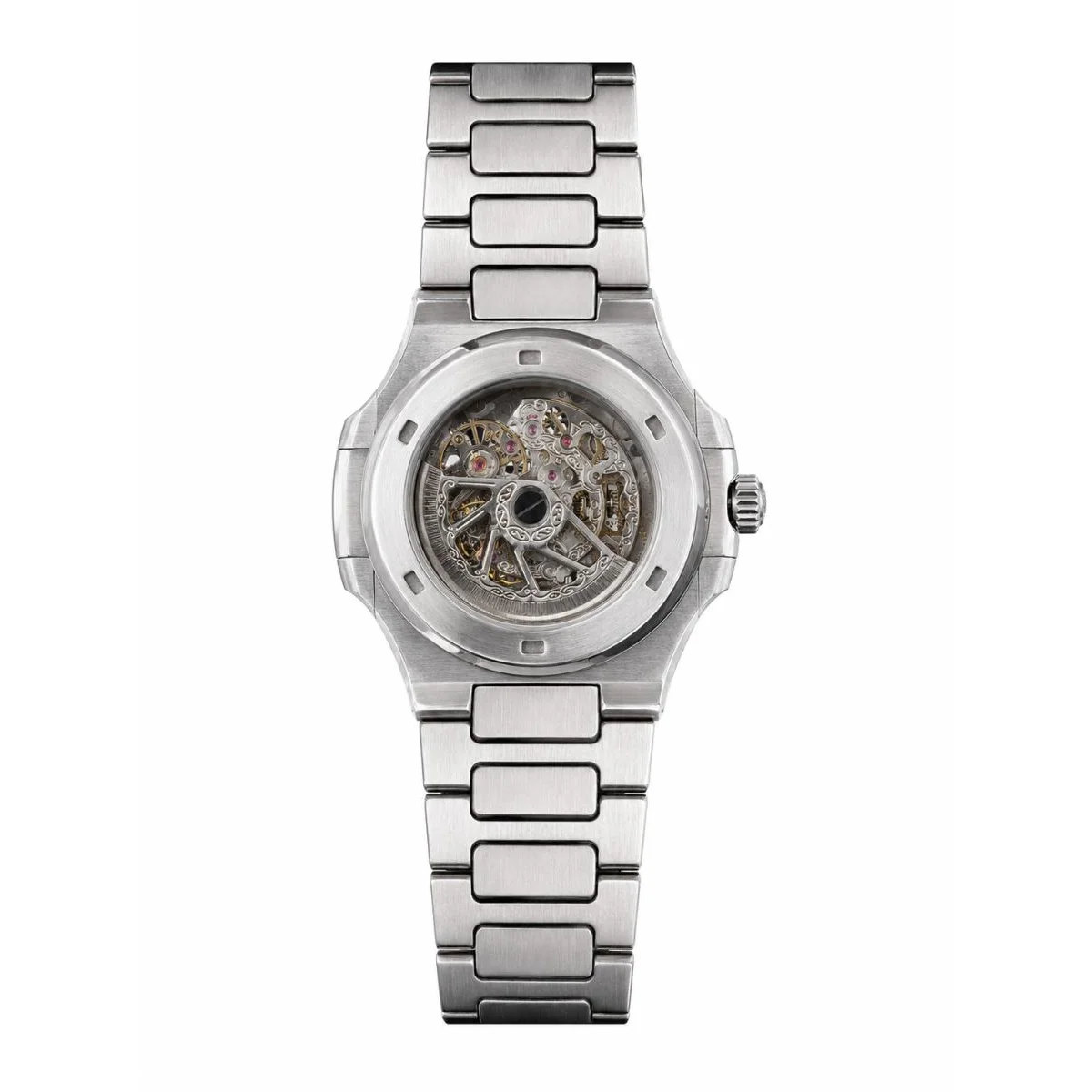ساعة Patek Philippe فاخرة أوتوماتيكية بتصميم هيكلي (Skeleton) ونقوش، بلون فضي.