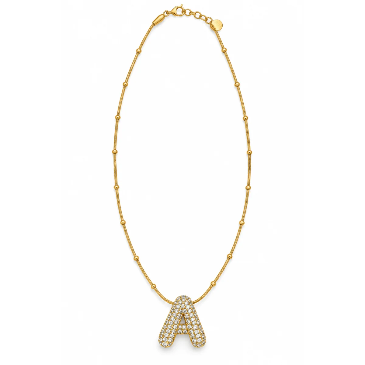 Gold Tone Letter A Crystal Pendant Beaded Chain Necklace for Women