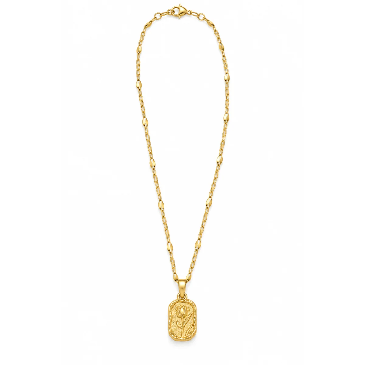 Gold Tone Floral Engraved Pendant Link Chain Necklace for Women