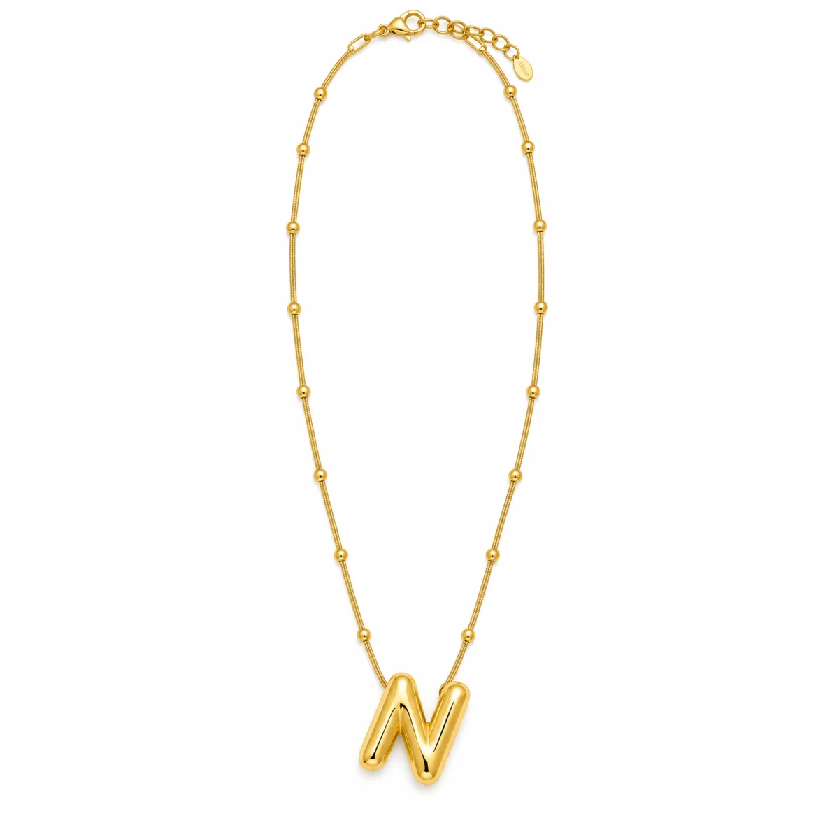 Gold Tone Letter N Pendant Beaded Snake Chain Necklace for Women