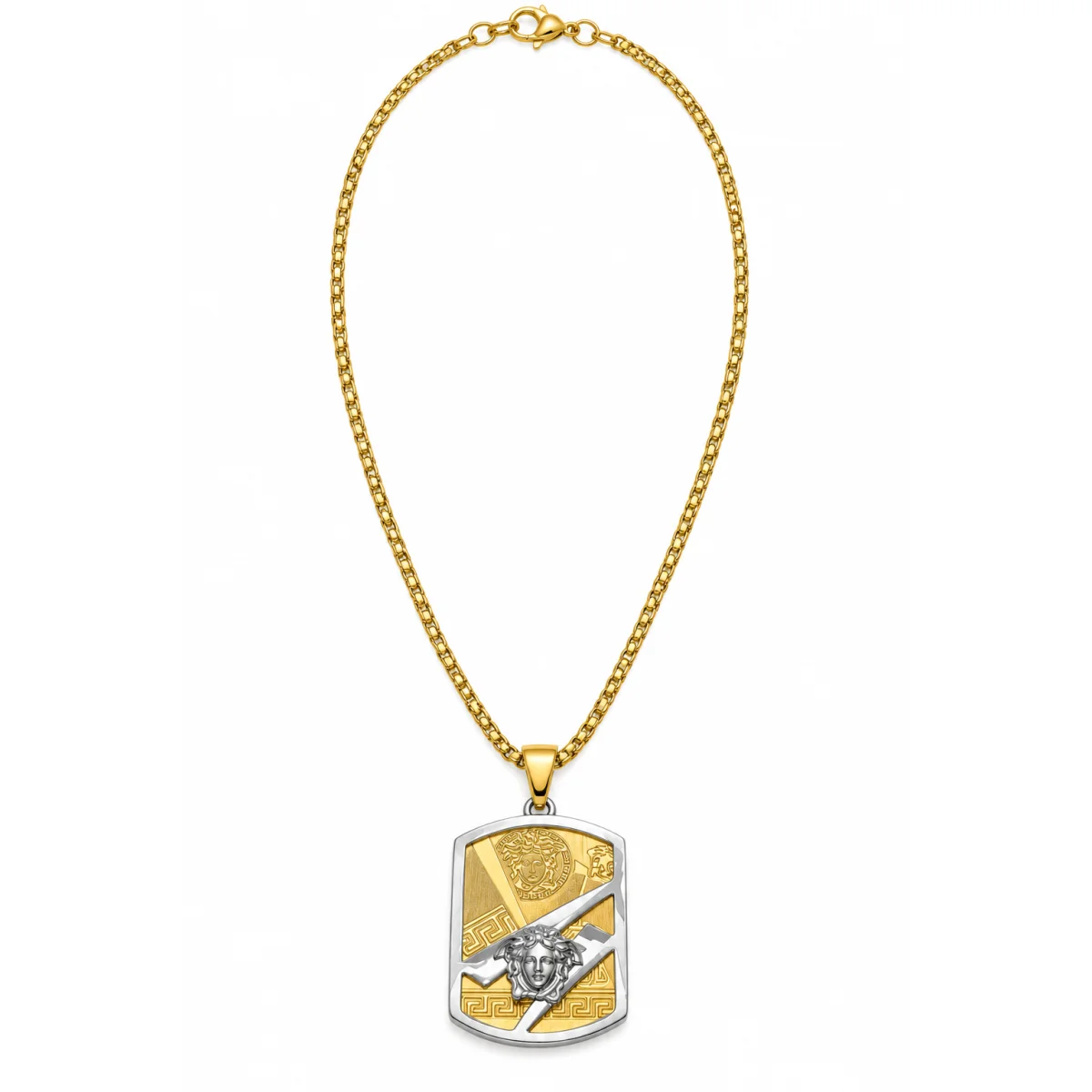 Two Tone Gold and Silver Medusa Inspired Geometric Pendant Necklace