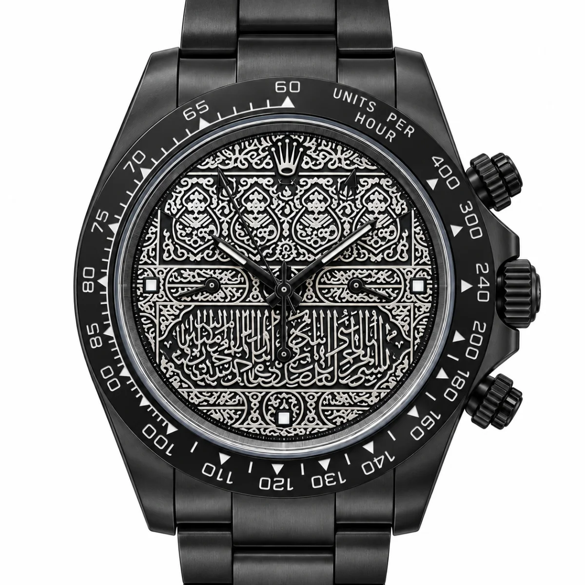 Rolex Daytona Style Men's Black Chronograph Watch with Arabic Pattern Dial and Black Metal Bracelet