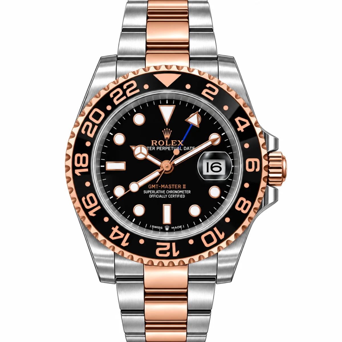 Rolex GMT Master II Style Men's Watch Black Dial Silver and Rose Gold Metal Bracelet