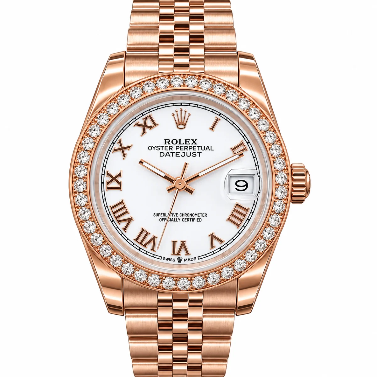 Rolex Datejust Style Men's Watch White Dial Rose Gold Metal Bracelet Crystal Bezel