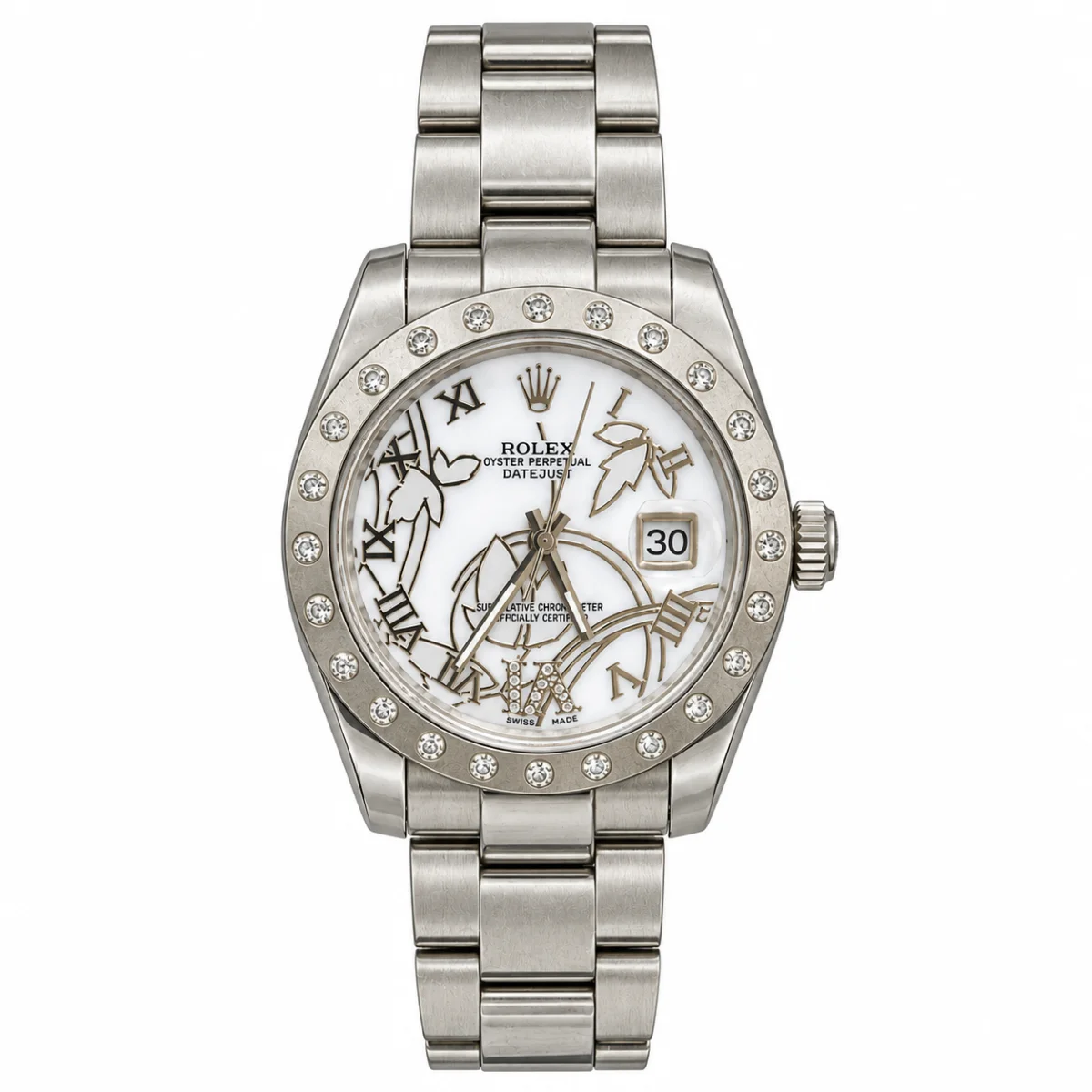 Rolex Datejust Style Women's Watch White Floral Dial Silver Metal Bracelet Crystal Bezel