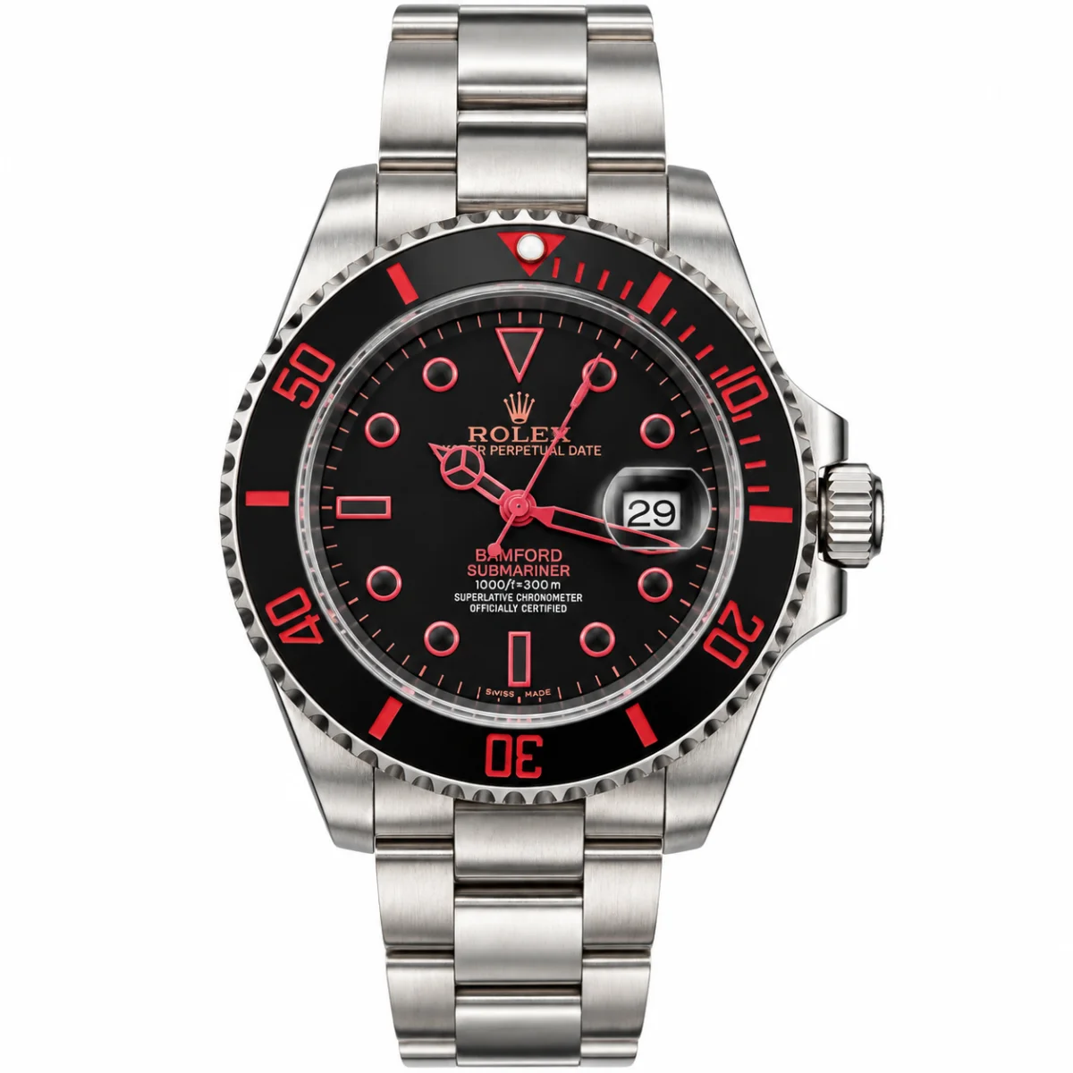 Rolex Submariner Bamford Style Men's Watch Black Dial Red Details Silver Stainless Steel Bracelet