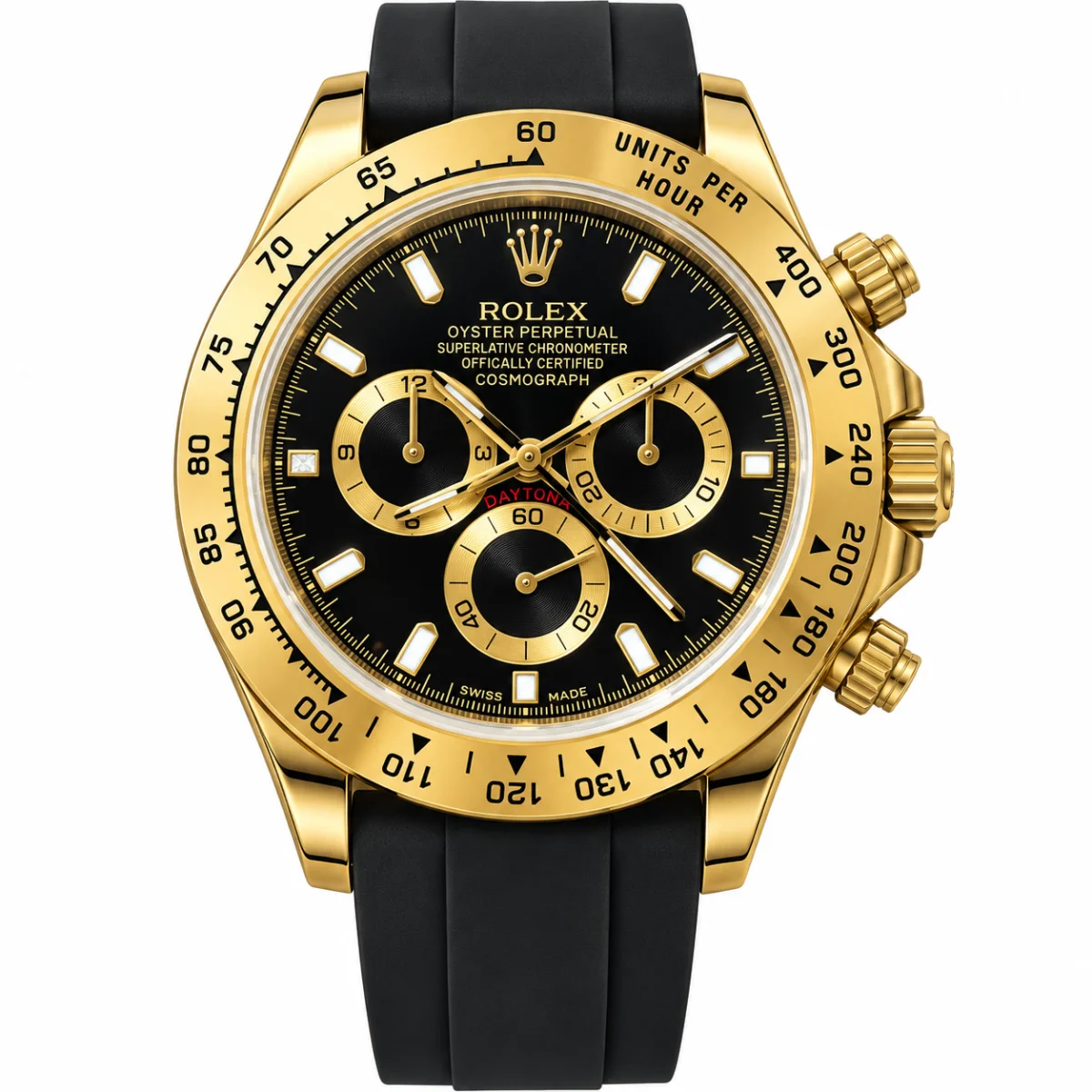 Rolex Daytona Style Men's Watch Black Dial Gold Case Black Rubber Strap