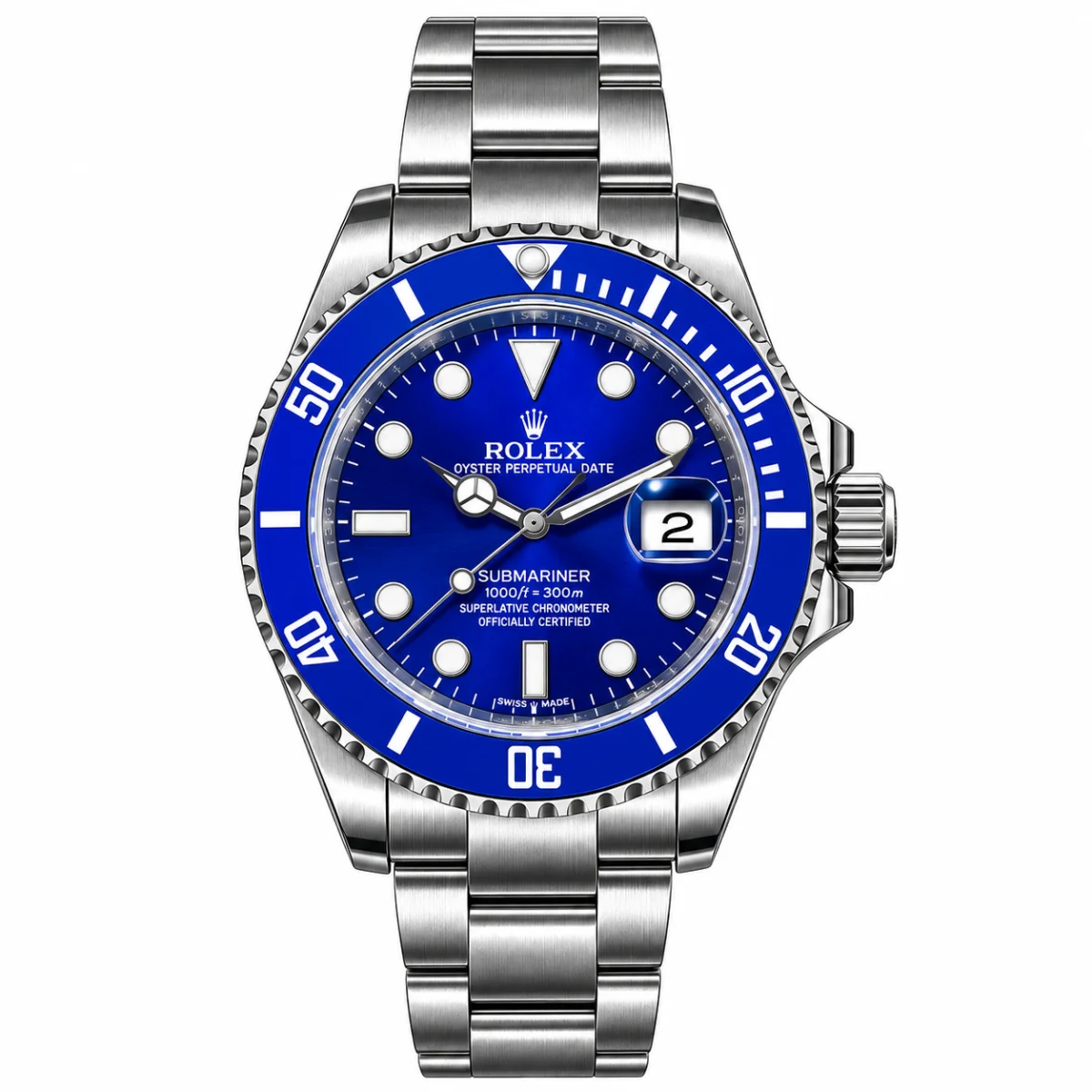 Rolex Submariner Style Men's Watch Blue Dial Silver Stainless Steel Bracelet